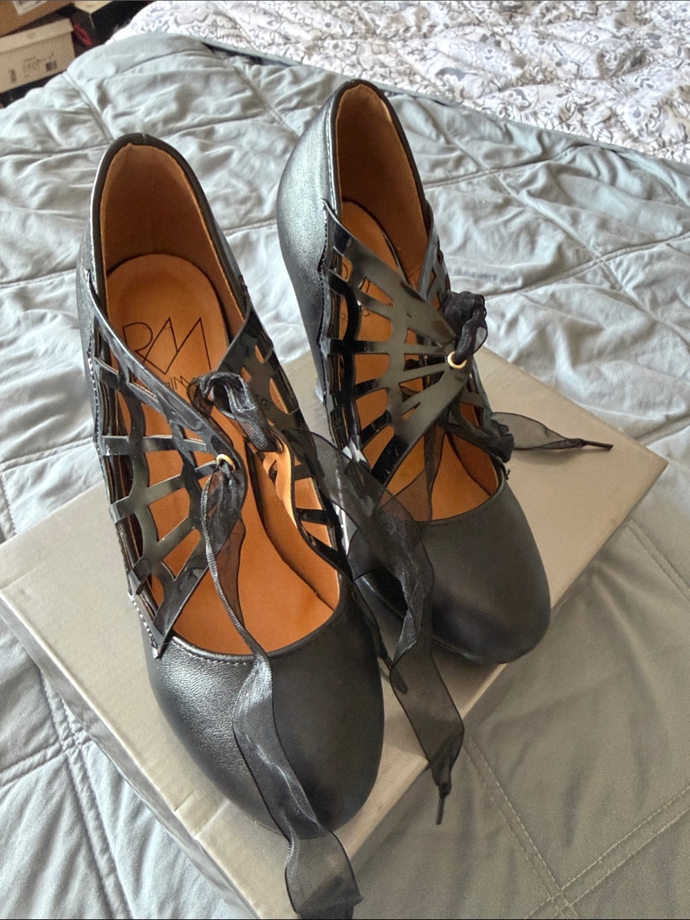 Black Lace-Up spider web Cutout Women's Heels